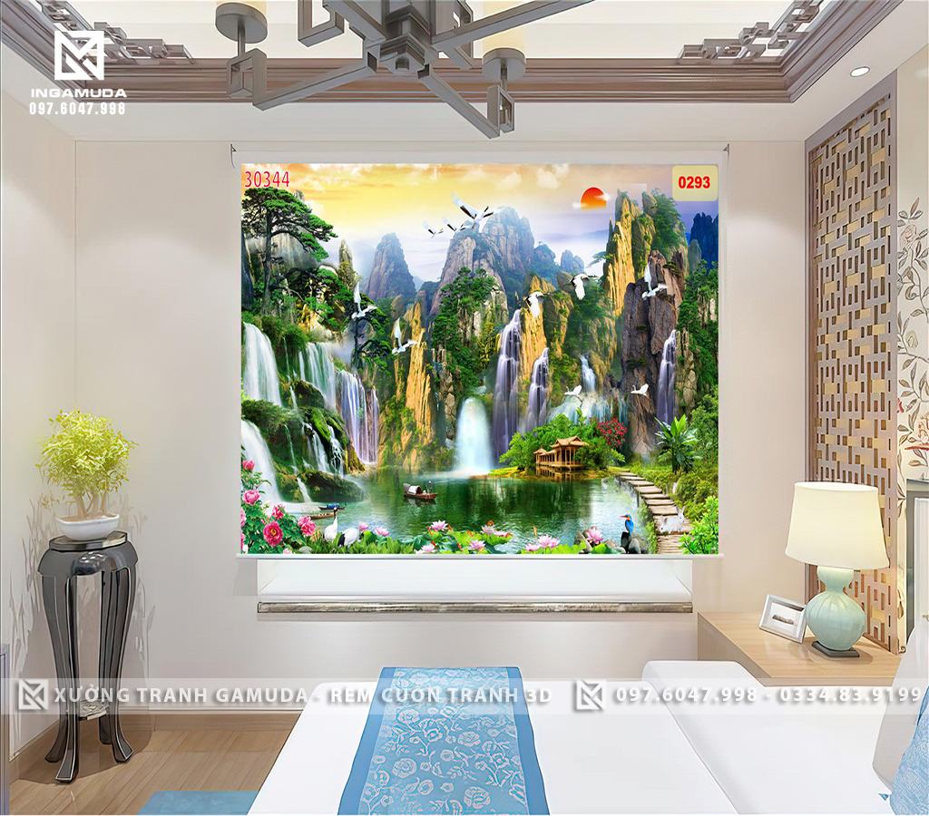 Rèm In Tranh Sơn Thủy Hữu TÌnh Có Những núi non trùng điệp và cảnh thiên nhiên thác nước hoặc sông nước bao la hùng vĩ , Có Những Bông Hoa Sen Đang Nở Rộ Chiếc Thuyền Đang Nằm Yên Lặng Trên Mặt Nước