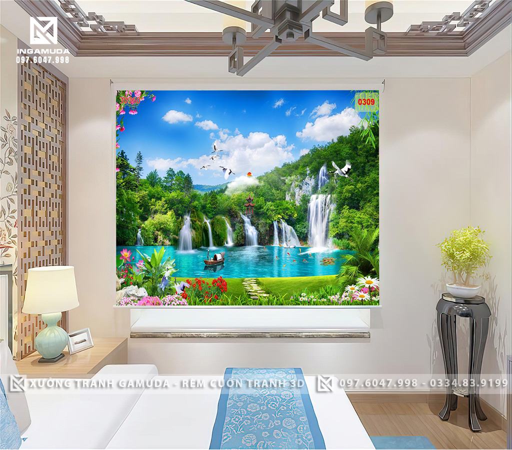 Rèm 3D In HÌnh Sơn Thủy Hữu TÌnh Tranh Sơn Thủy Tượng Trưng Cho Ngũ Hành Là : Kim , Mộc , Thủy , Hỏa ,Thổ 