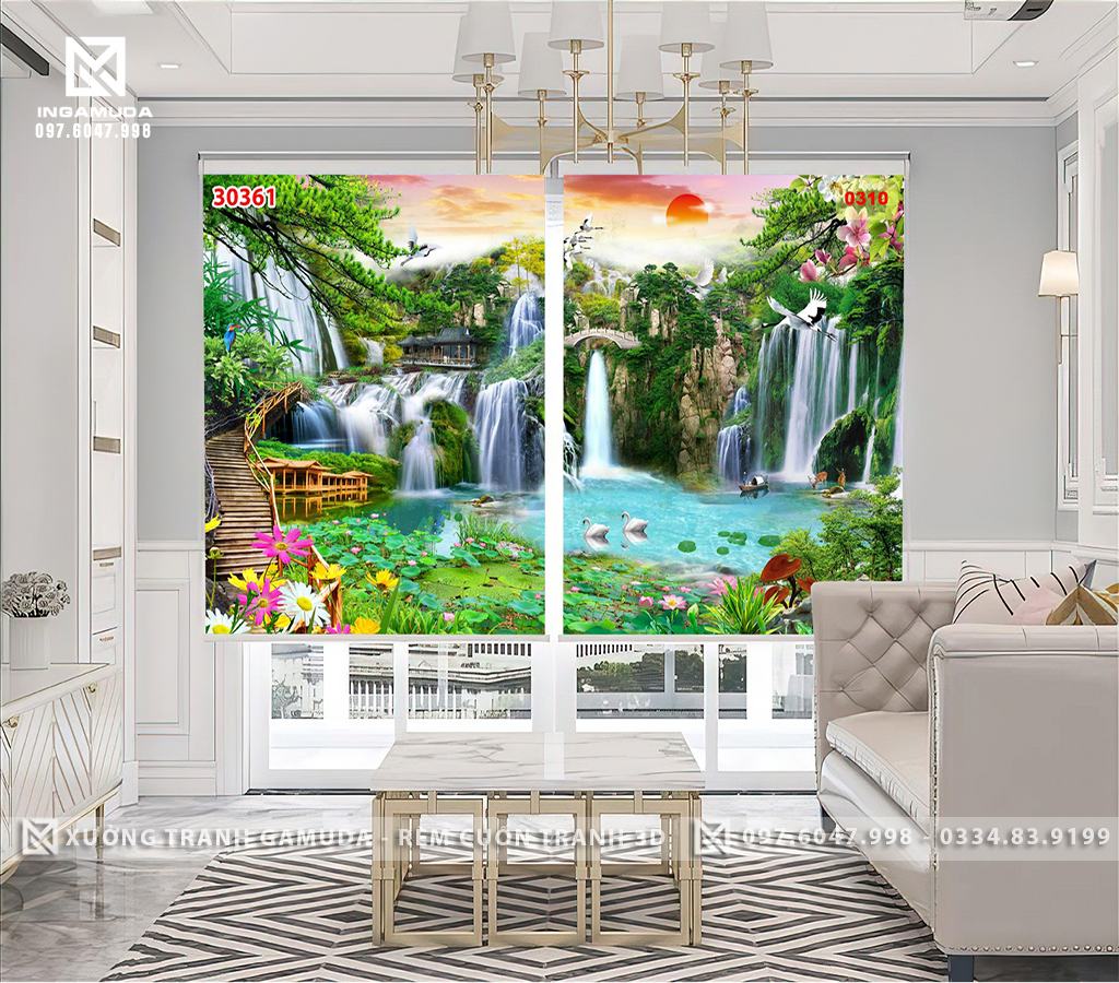 Rèm Cuốn Tranh In Hình Tranh Sơn Thủy Hữu Tình Thơ Mộng có sự hiện diện của núi non, cây cỏ, suối nước, chim muông và hoa lá, tượng trưng cho ngũ hành, đem lại vượng khí cho gia chủ