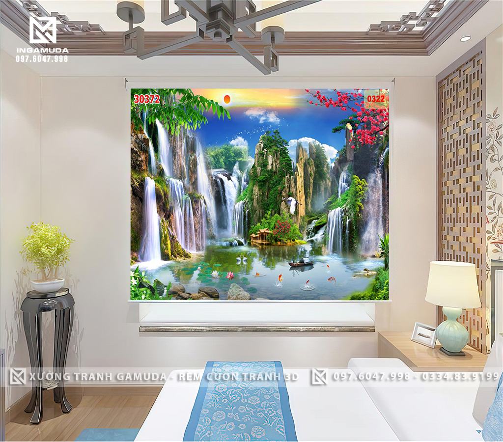 Rèm In Tranh Sơn Thủy Hữu Tình Sơn quản đinh nhân, thủy quản tài lộc. Điều đó có nghĩa là sơn thì đem lại vượng khí, thủy đem lại sức khỏe và tài lộc cho mỗi gia đình