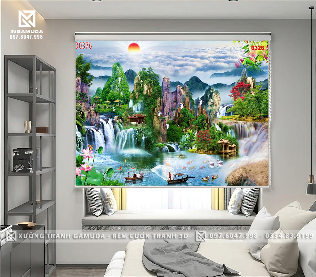 Rèm Tranh In Hình Sơn Thủy Hữu Tình 2 yếu tố Sơn – Thủy hội tụ trong tranh sơn thủy giúp chiêu tài, nạp vận cho ngôi nhà - Rẻm Cản Nắng Cản Nhiệt Tốt