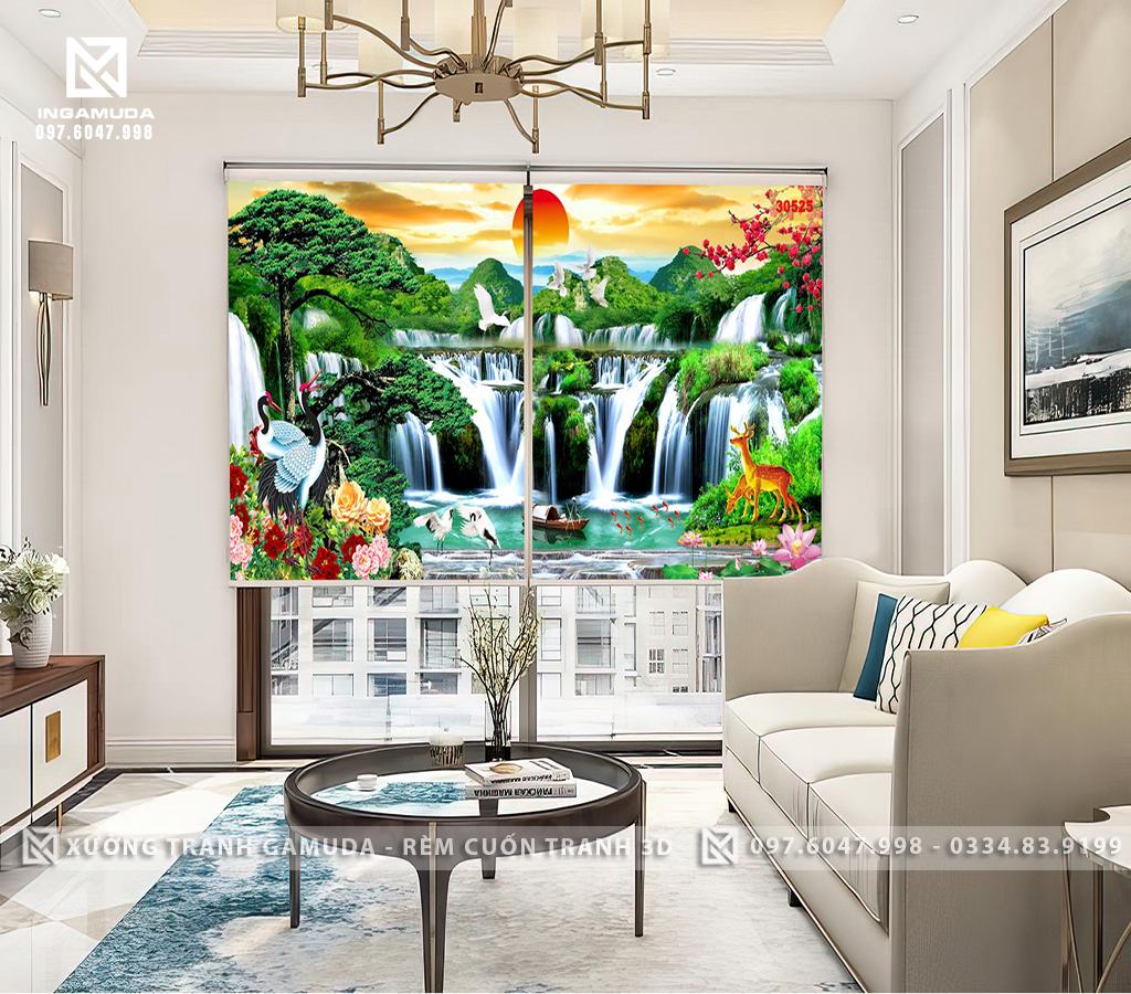Rèm Cuốn Tranh sơn thủy Với Đôi Hạc Và Đôi Hưu Có Cây , thuyền ,Những Bông Hoa Sen Đá , Thác Nước Hùng Vĩ - Rèm Cản Nắng Cản Nhiệt Tốt