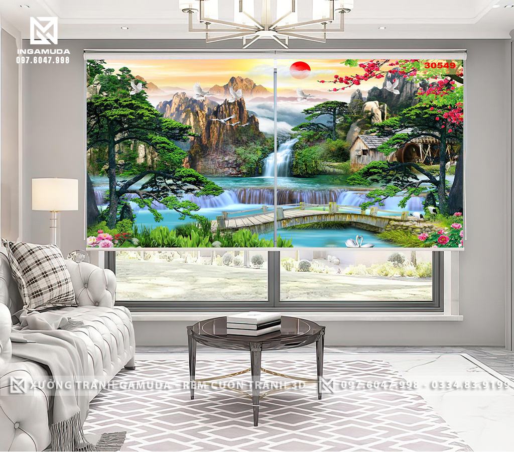 Rèm 3D Tranh sơn thủy màu sắc tươi sáng, bình dị với cánh cò bay lả lơi, thuyền buồm trôi nhẹ trên sông