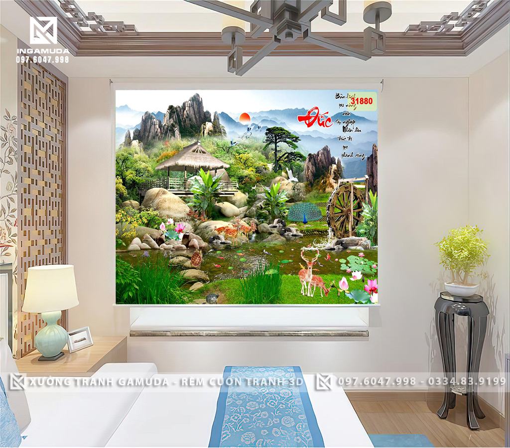 Rèm Cuốn Tranh Họa Tiết In Sơn Thủy Hữu Tình Tượng Trưng Cho Vượng Khí Phát Tài - Rèm Cuốn Giá Đại Lý