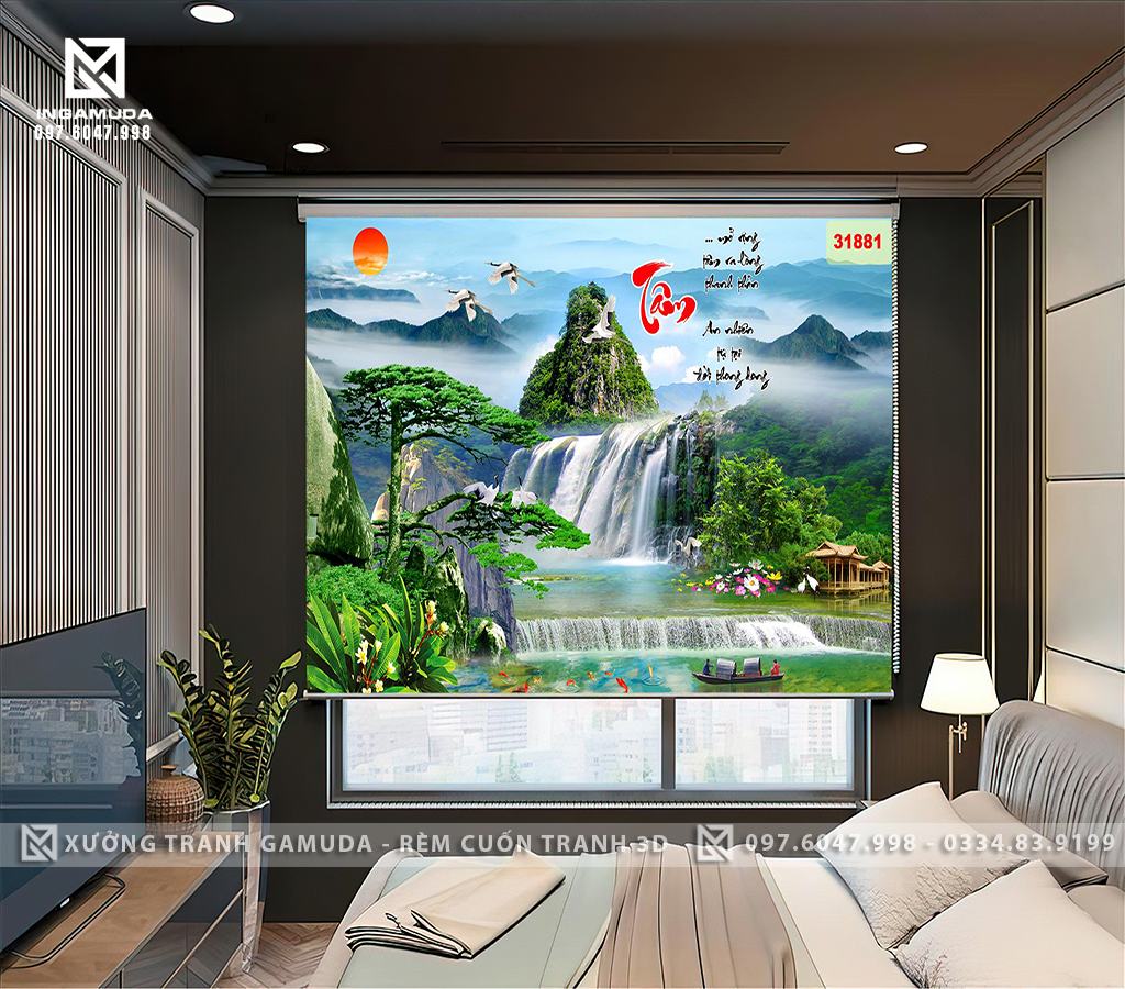 Rèm Cuốn Tranh 3D In Họa Tiết Thác Nước Và Tùng Hạc Tượng Trưng Cho Sức Khỏe Và Tài Lộc – Hàng Thiết Kế Theo Yêu Cầu