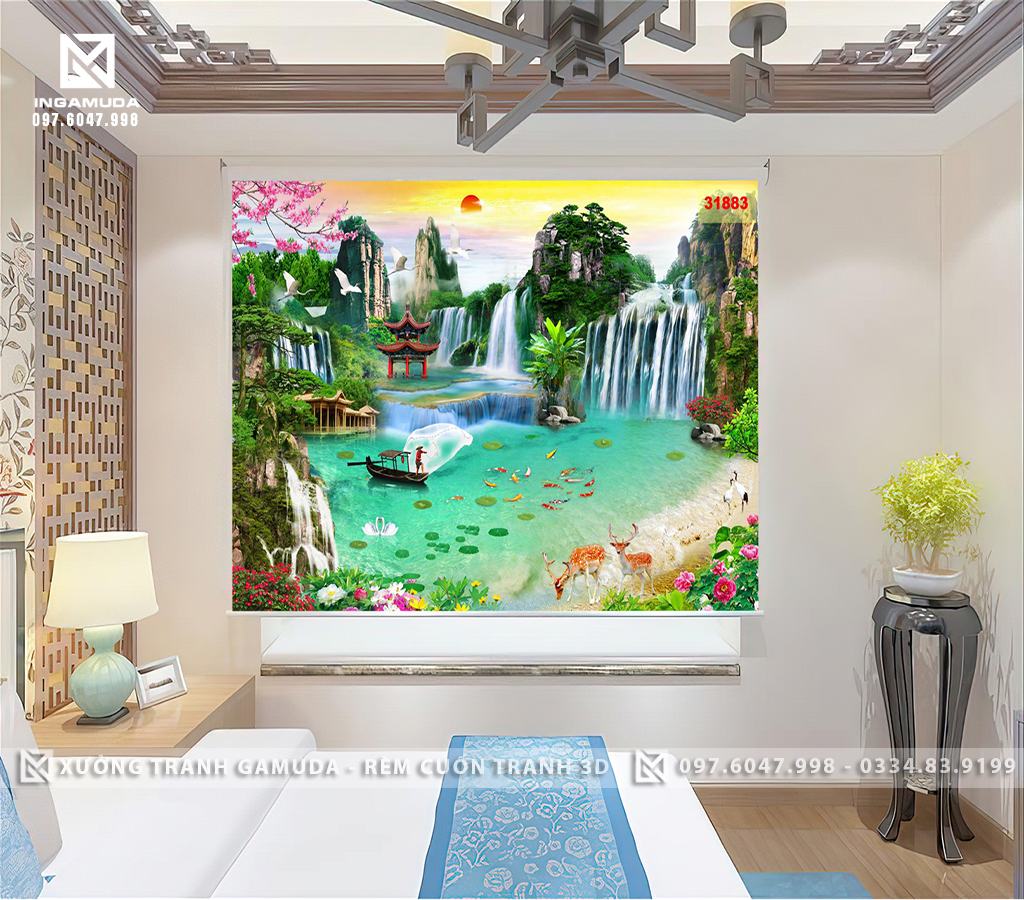 Rèm In Tranh 3D Họa Tiết Sơn Thủy Có Những Thác Nước Đang Chảy Xào Xào Và Đàn Tùng hạc Đang Bay Lượn Trên Bầu Trời Mang Lại Phúc Khí Cho Người Sở Hữu- Phục Vụ 24/24h