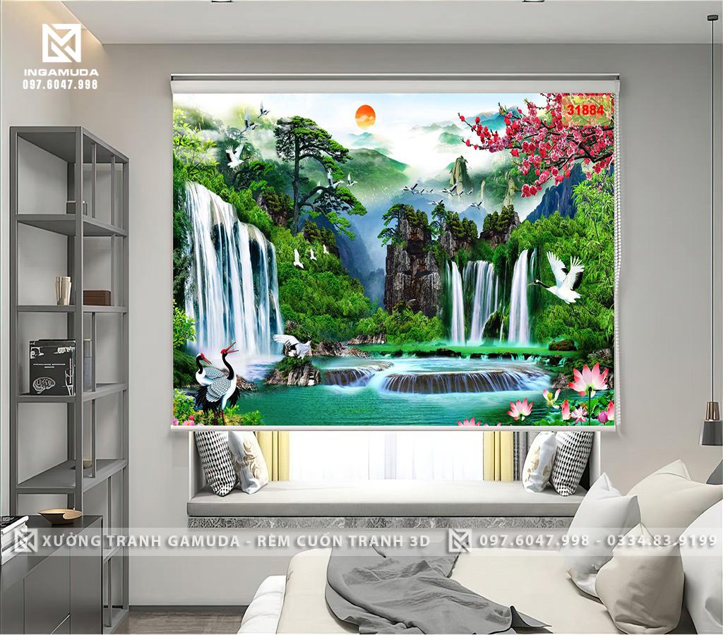 Rèm Cuốn Tranh In Họa Tiết Đàn Tùng Hạc Cùng Thiên Nhiên Tuyệt Đẹp Của Sông Núi – Xưởng Rèm Cuốn Tranh Giá Đại Lý 