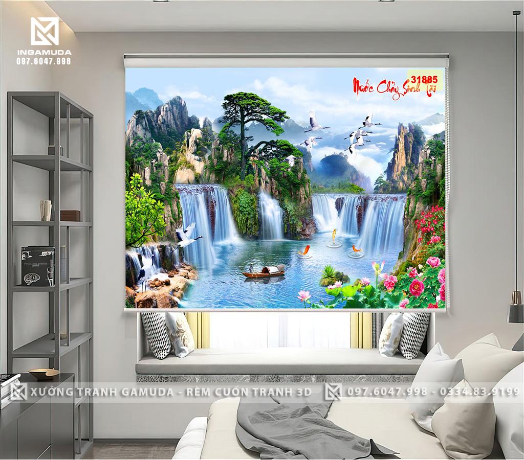 Rèm In Tranh 3D Họa Tiết Sơn Thủy Hữu Tình Tượng Trưng Cho Cuộc Sống Giàu Sang, Phú Qúy