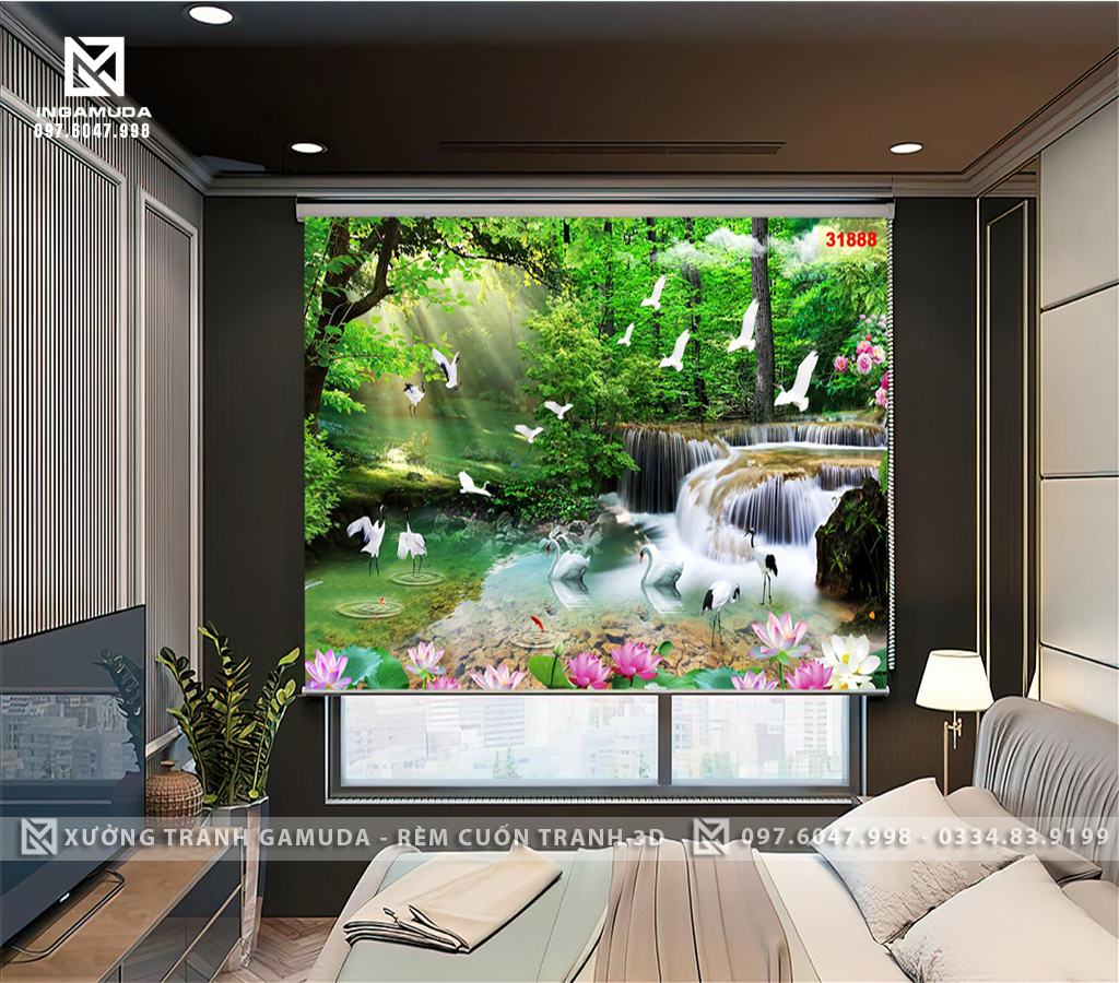 Rèm Tranh 3D Họa Tiết Sơn Thủy Có Đàn Tùng Hạc Đang Vây Quanh Thác Nước Tượng Trưng Cho Ngũ Hành, Đem Lại Vượng Khí Cho Gia Chủ- Xưởng Rèm Gamuda In Ấn Và Sản Xuất Theo Đơn Đặt Hàng