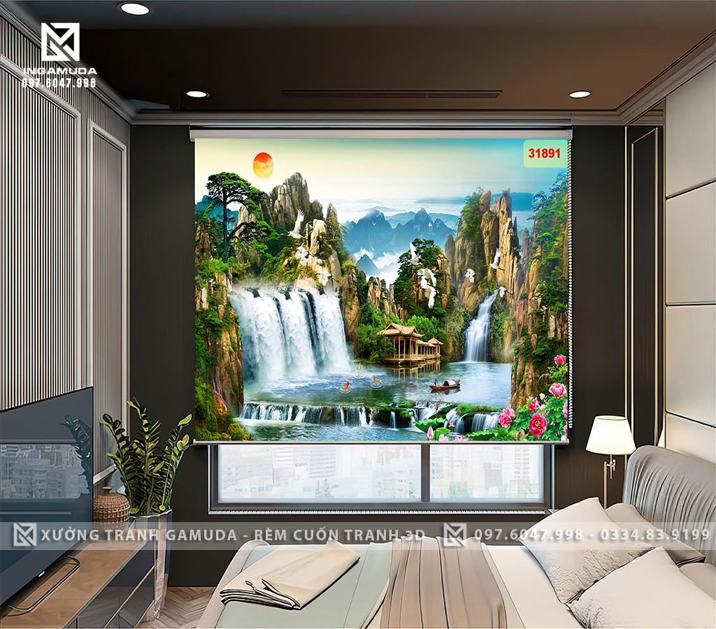 Rèm Cuốn Tranh 3D In Hoạ Tiết Sơn Thủy Thu Hút Tài lộc- Rèm Cản Sáng Cản Nhiệt