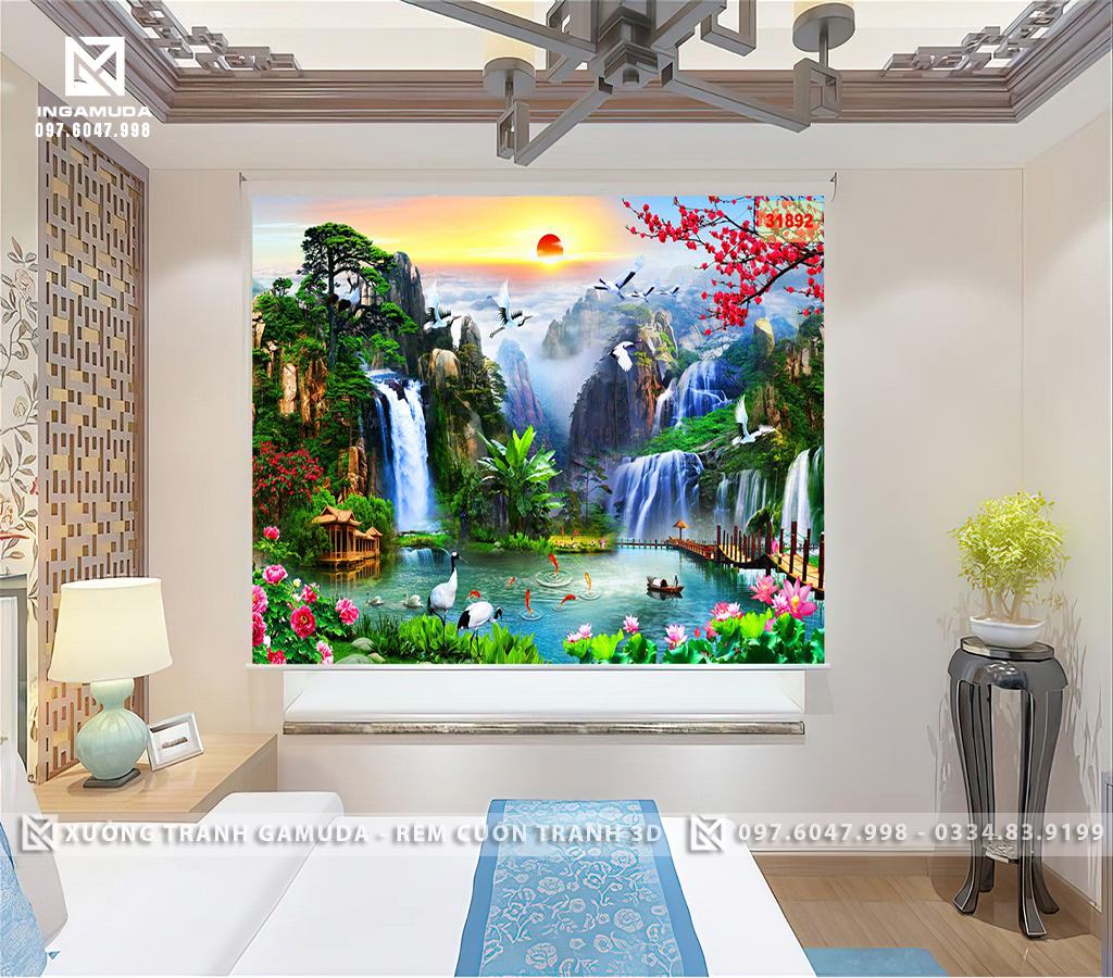 Rèm Cuốn Tranh Những Bức Tranh Sơn Thủy Có Tùng Hạc Và Thác Nước Đẹp Nhất 