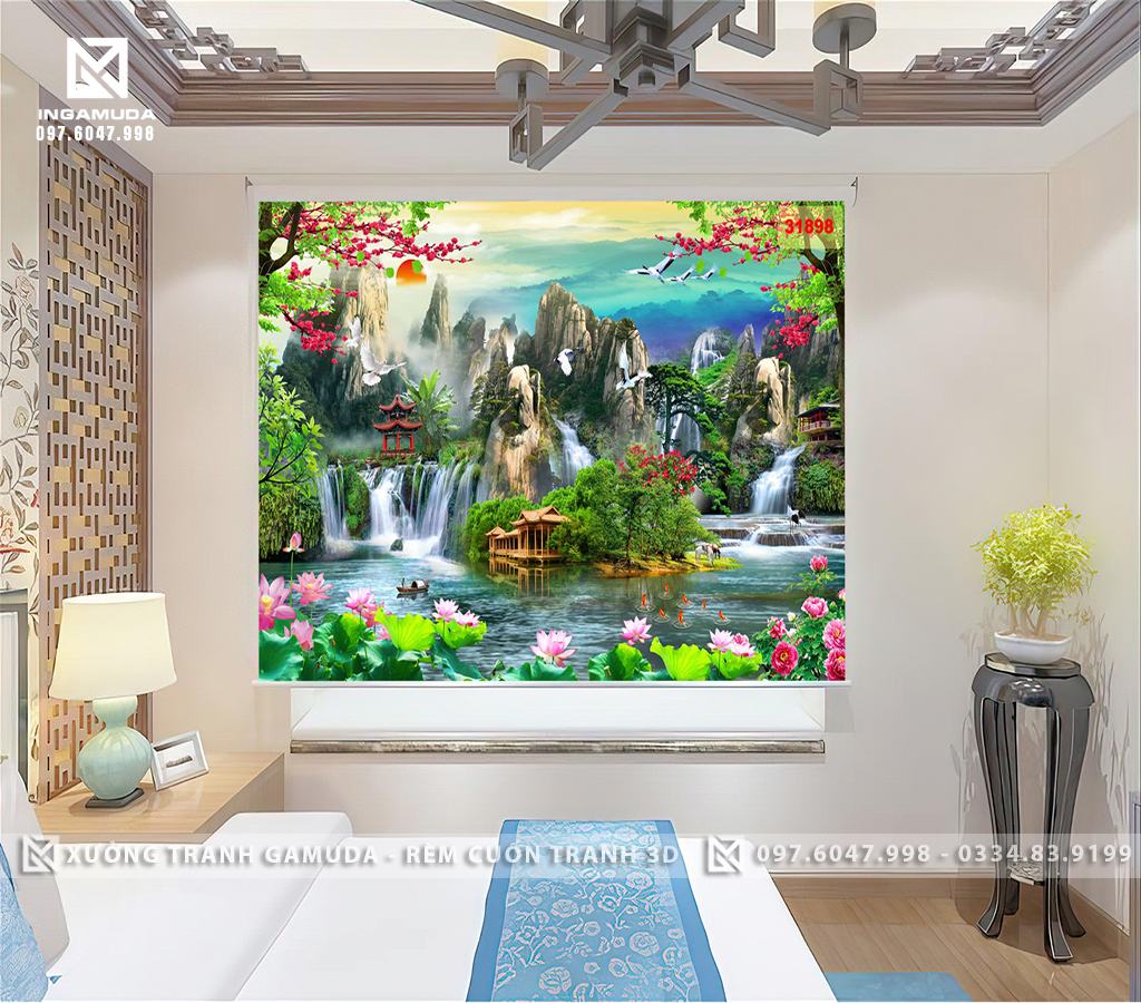 Rèm Tranh Họa Tiết 3D Hoa Sen Cùng Cảnh Sắc Thiên Nhiên Tuyệt Đẹp - Xưởng Rèm Cuốn Tranh 3D Gamuda