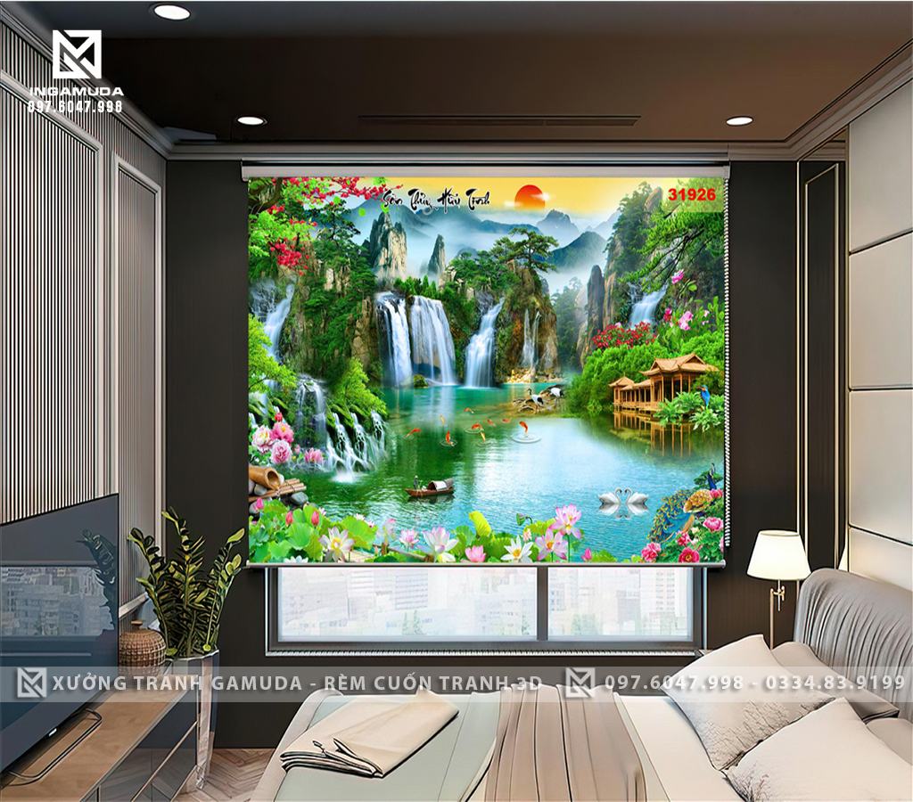 Rèm Cuốn Tranh 3D In Họa Tiết Thiên Nhiên Tuyệt Đẹp Của Sông Núi – Hàng Thiết Kế Theo Yêu Cầu