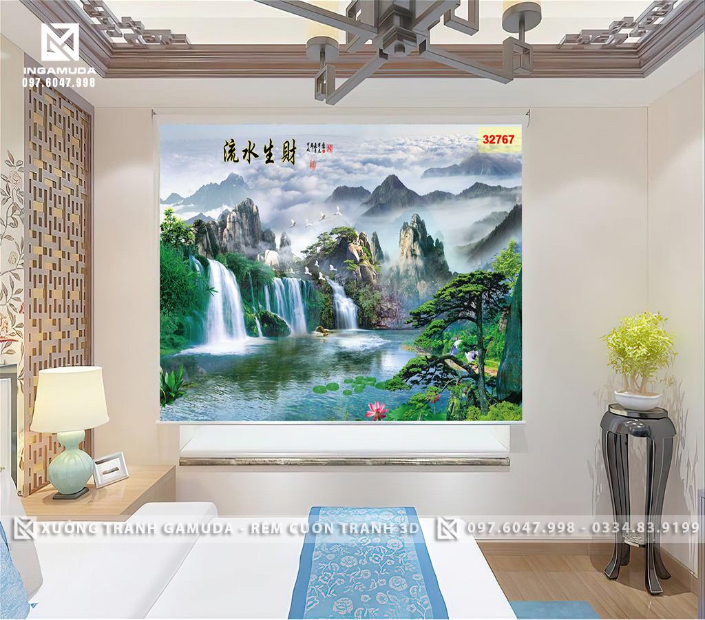 Rèm Cuốn In Tranh Họa Tiết Sơn Thủy Tượng Trưng Cho Ngũ Hành - Rèm Tranh 3D Cho Đại Lý