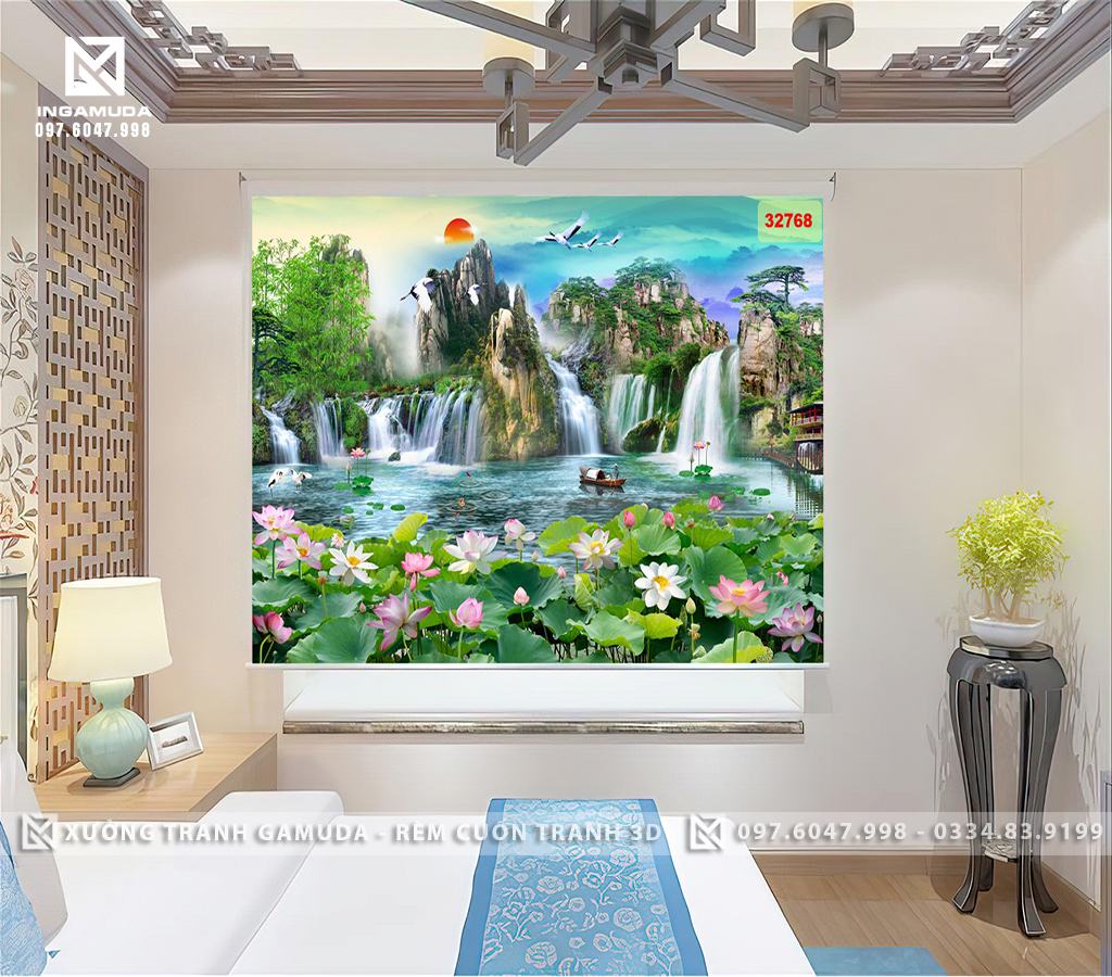 Rèm In Tranh In Hình Sơn Thủy Hữu Tình Với Thiên Nhiên Cùng Đàn Cò Trắng Tạo Cảm giác Thoải Mái Dễ Chịu Trang Trí Phòng Ngủ – Rèm Cản Nắng Cản Nhiệt Tốt