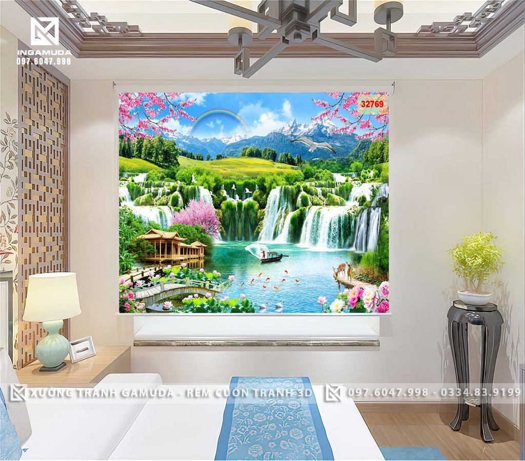 Rèm 3D Tranh sơn dầu sơn thủy với màu sắc nổi bật làm cho , núi, động vật, cây cối, nhà trở nên đẹp hơn bao giờ hết 