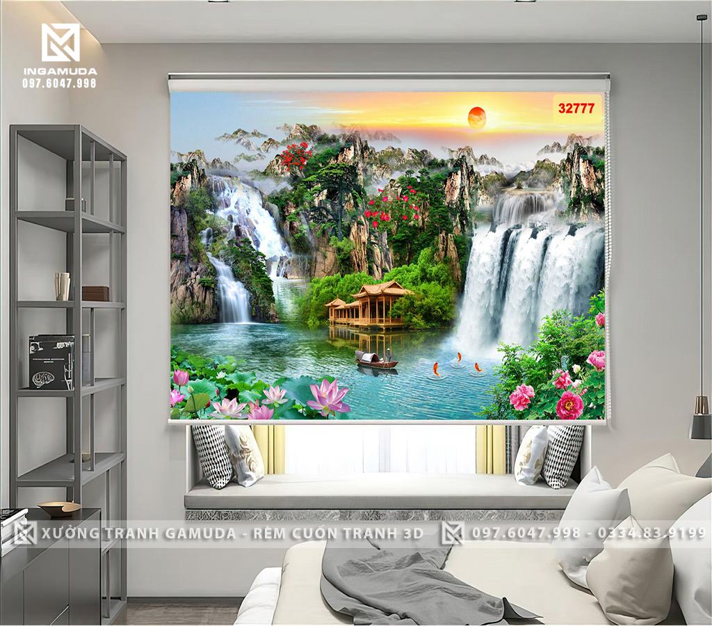 Rèm Cuốn Cửa Sổ In Hình Sơn Thủy Hữu Tình Mang Đến May Mắn Tài Lộc , Sức Khỏe , Thịnh Vượng 