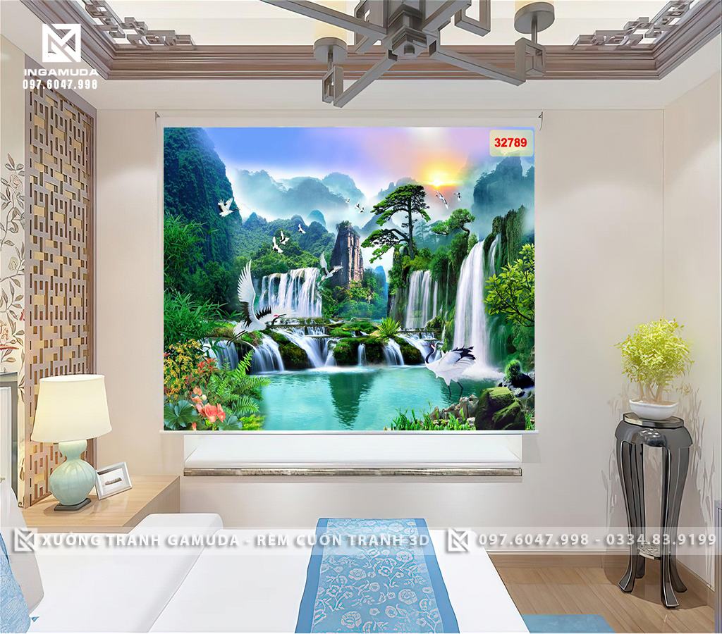 Rèm Cuốn Tranh In Hình Sơn Thủy Hữu Tình Non Nước Hùng Vĩ Cùng Đàn Tùng Hạc 