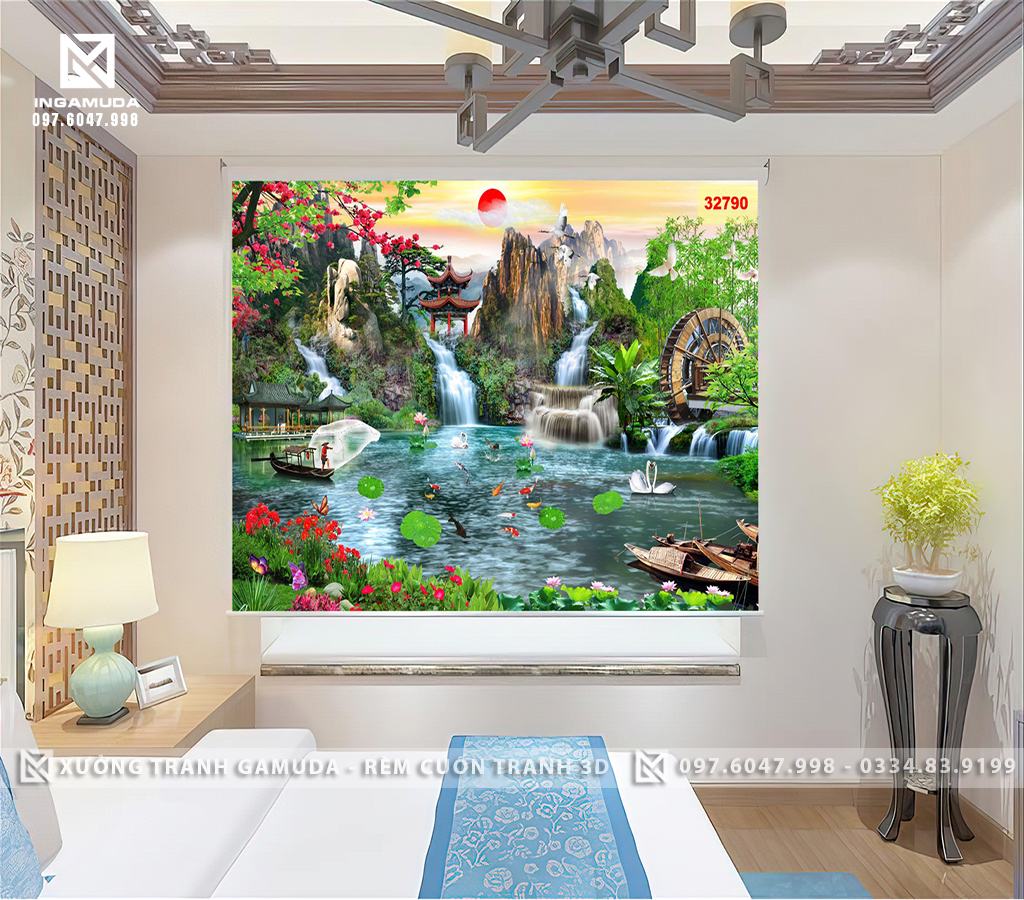 Rèm Cuốn In Tranh 3D Bức tranh sơn thủy với màu sắc nhẹ nhàng, tạo cảm giác bình yên, thanh thản