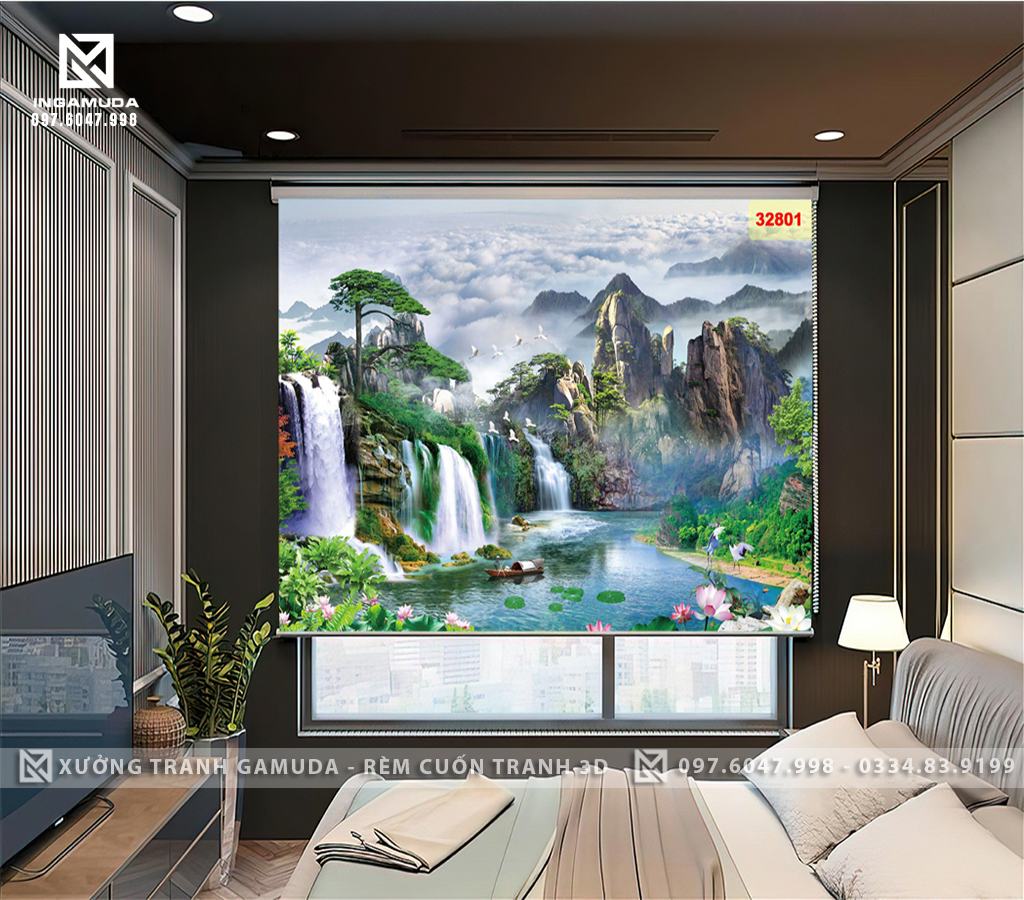 Rèm Cuốn Tranh sơn thủy hữu tình bố cục đặc sắc, tạo nên sự mờ ảo, huyền bí, đầy thu hút