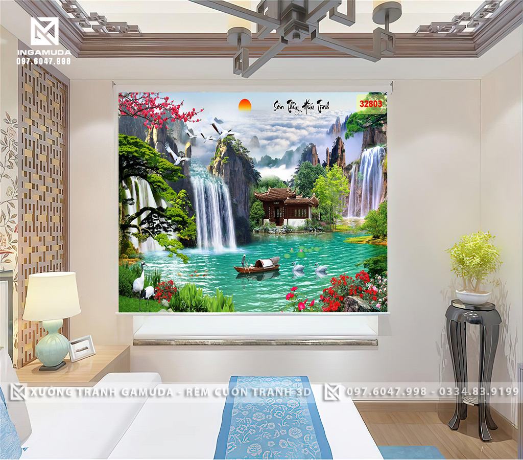 Rèm 3D In Phong Cảnh Sơn Thủy Hữu Tình Núi Non Trùng Điệp Kết Hợp với Thác Nước Tạo Cảm giác Thư Thái – Xưởng In Rèm Cuốn GIÁ Tốt