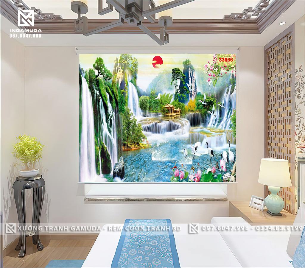 Rèm Tranh In Hình Sơn Thủy Hữu Tình Thiên Nhiên Hùng Vĩ Non Nước Trùng Điệp - Rèm Cản Nắng Cản Nhiệt Tốt 