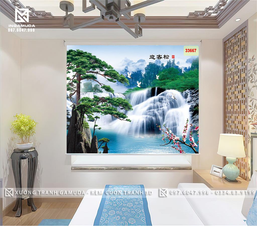 Rèm In Tranh In Hình Sơn Thủy Hữu Tình Non Nước Hùng Vĩ Cùng Đàn Chim - Rèm Cuốn GIÁ Tốt Cho Đại Lý 