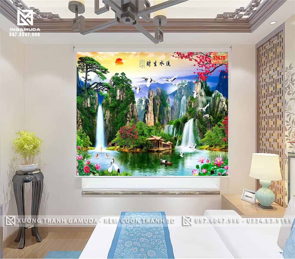 Rèm Cuốn Cửa Sổ In Hình Sơn Thủy Hữu Tình Mang Đến May Mắn Sức Khỏe Tài Lộc - Rèm Cản Sáng Cản Nhiệt Tốt 