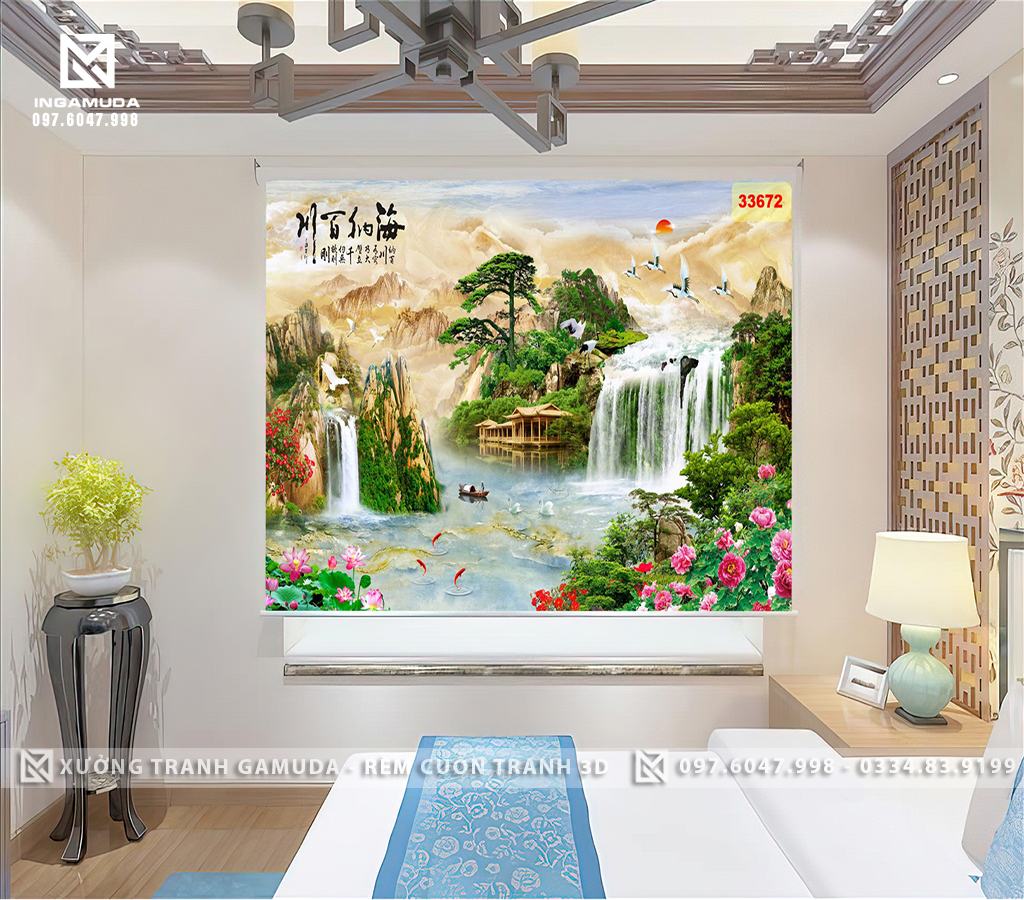 Rèm 3D In Phong Cảnh Sơn Thủy Hữu Tình Núi Non Trùng Điệp Kết Hợp với Thác Nước Tạo Cảm giác Thư Thái - Xưởng In Rèm Cuốn GIÁ Tốt 
