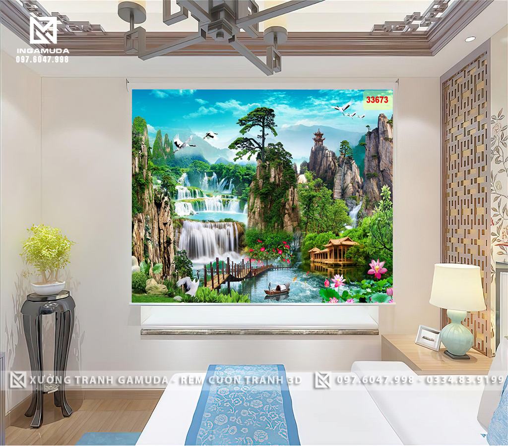 Rèm Tranh In Hình Sơn Thủy Hữu Tình Tuyệt Đẹp với Phong Cảnh Thác Nước Núi Non Hùng Vỹ - Rèm Cuốn GIÁ Tốt Cho Đại Lý 