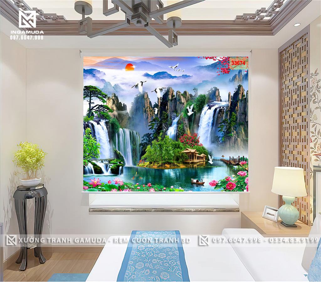 Rèm In Tranh In Hình Sơn Thủy Hữu Tình Với Thiên Nhiên Cùng Đàn Cò Trắng Tạo Cảm giác Thoải Mái Dễ Chịu Trang Trí Phòng Ngủ - Rèm Cản Nắng Cản Nhiệt Tốt 