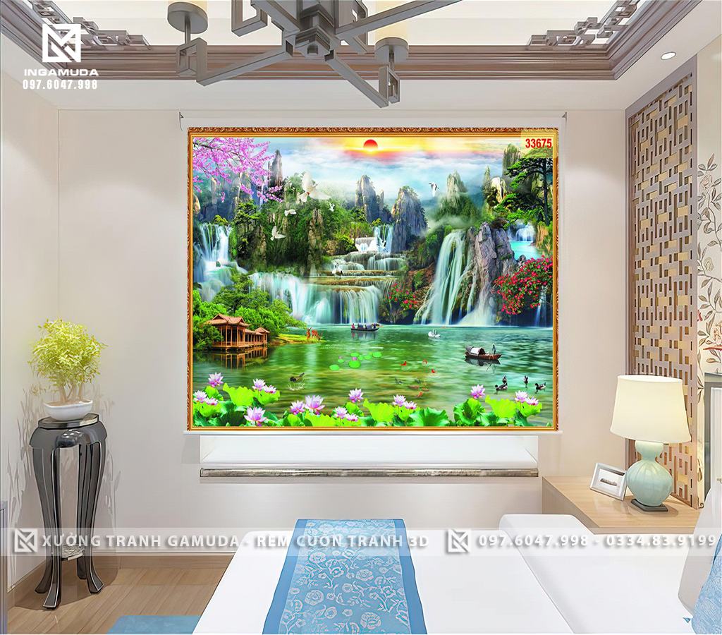 Rèm cửa sổ 3D In Hình Phong Cảnh Sơn Thủy Hữu Tình Thích Hợp Cầu Tài Chiêu Lộc Cho Gia Chủ- Xưởng In Rèm Cuốn Gamuda
