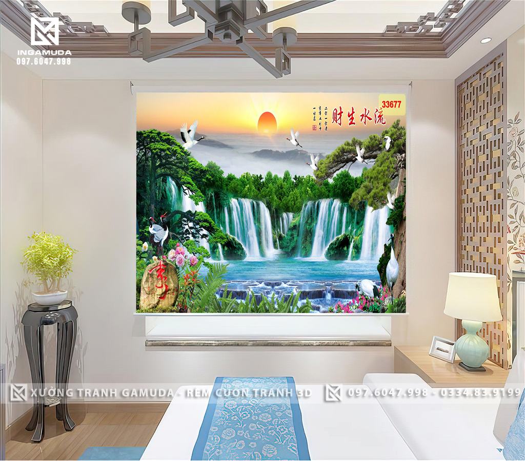 Rèm Cuốn Cửa Sổ In Hình Sơn Thủy Hữu Tình Với Hình Tượng Núi Non Kết Hợp Với Sự Mềm Mại Uyển Chuyển Của Nước - Rèm Cuốn In Tranh Giá Tốt Cho Đại Lý 