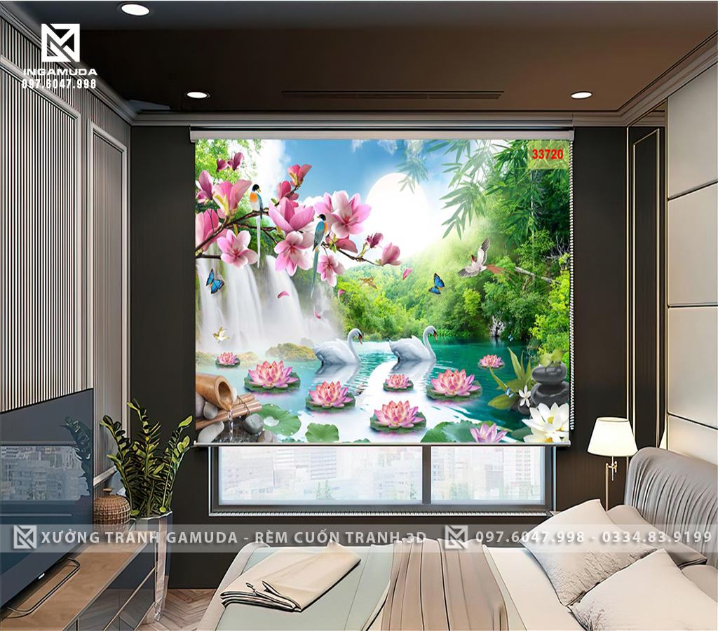 Rèm Tranh In Hình Sơn Thủy Hữu Tình Kết Hợp Với Thiên Nga Trên Hồ Nước Tạo Cảm Giác Thư Thái Trang Trí Phòng Ngủ - Rèm Cuốn Tranh Giá Tốt Cho Đại Lý 