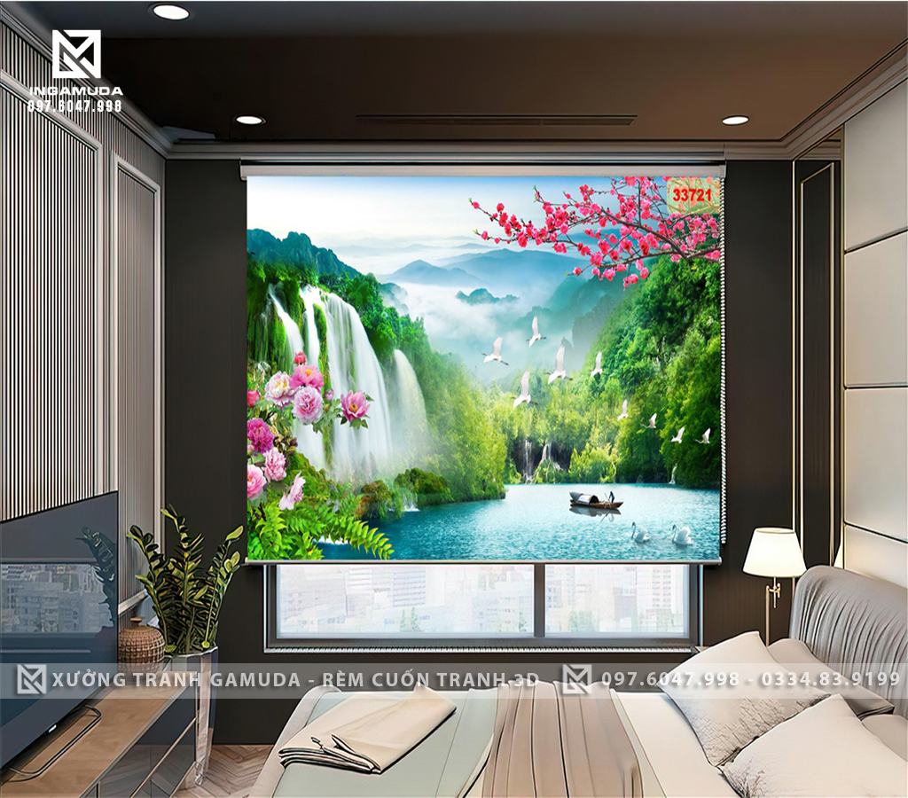 Rèm Cuốn Tranh In Tranh In Hình Sơn Thủy Hữu Tình Núi Non Và Thác Nước Tạo Cảm Giác Tươi Mát Cho Căn Phòng - Rèm Cản Nắng Cản Nhiệt Tốt 