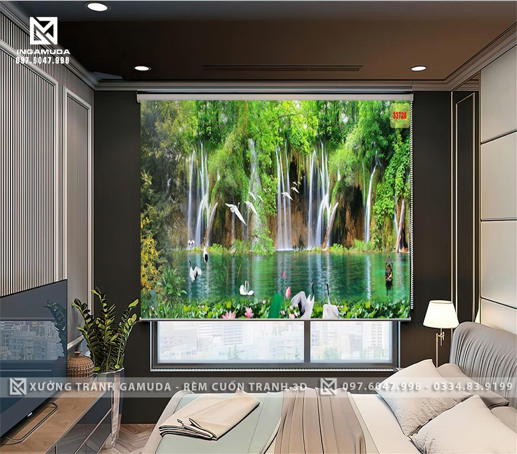 Rèm Cuốn Cửa Sổ In Hình Sơn Thủy Hữu Tình Cùng Những Cánh Cò Bay - Xưởng In Rèm Gamuda Giá Tốt Nhất
