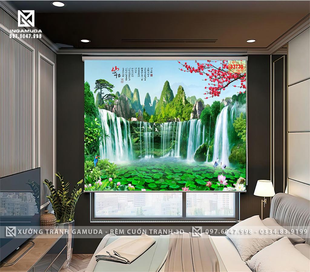 Rèm Cuốn Tranh 3D In Phong Cảnh Sơn Thủy Hữu Tình Kết Hợp Với Đầm Sen Tạo Cảm Giác Tươi Mát Cho Căn Phòng Ngủ - Sản Xuất Rèm Cuốn Giá Tại Xưởng 