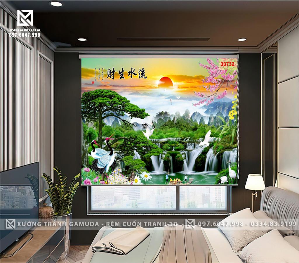 Rèm Tranh In Hình Sơn Thủy Hữu Tình Với Những Chú Chim Hạc Gợi Lên Không Gian Cuộc Sống Bình Yên Tĩnh Lặng - Rèm Cản Nhiệt Cản Sáng Tốt 