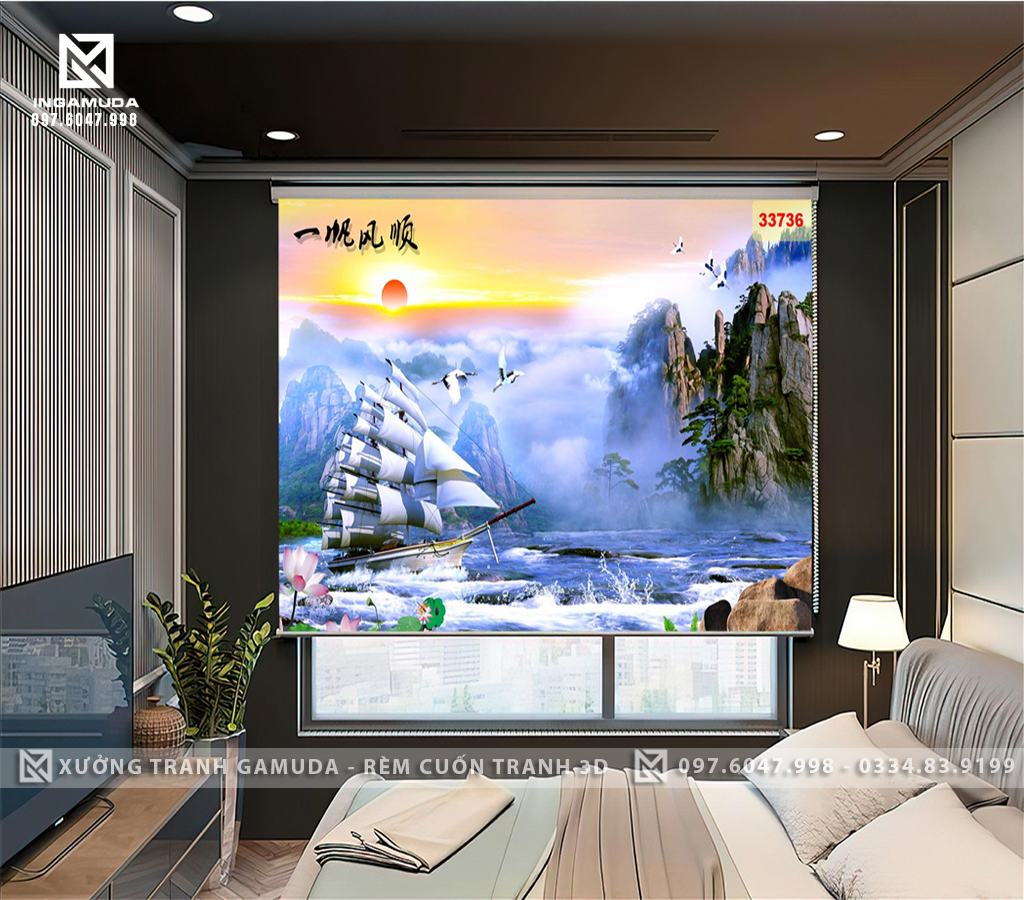 Rèm 3D In Phong Cảnh Sơn Thủy Hữu Tình Kết Hợp Với Thuyền Buồm Mang Ý Nghĩa Của Sự Mưa Thuận Gió Hòa - Rèm In Tranh Gamuda