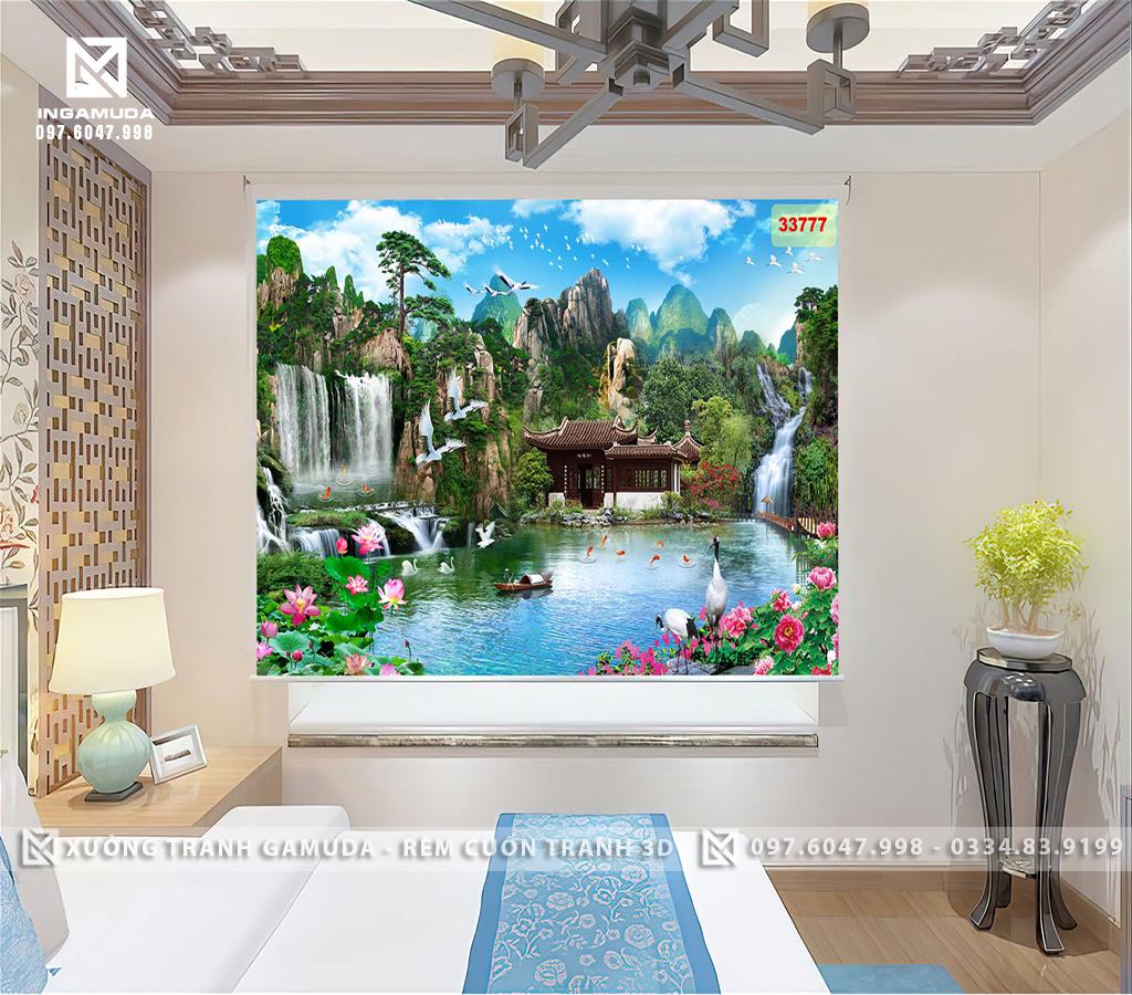Rèm cửa sổ 3D In Hình Phong Cảnh Sơn Thủy Hữu Tình Hài Hòa Tạo Nên Vẻ Đẹp Rất Tình -Rèm Cuốn Tranh Giá Xưởng 