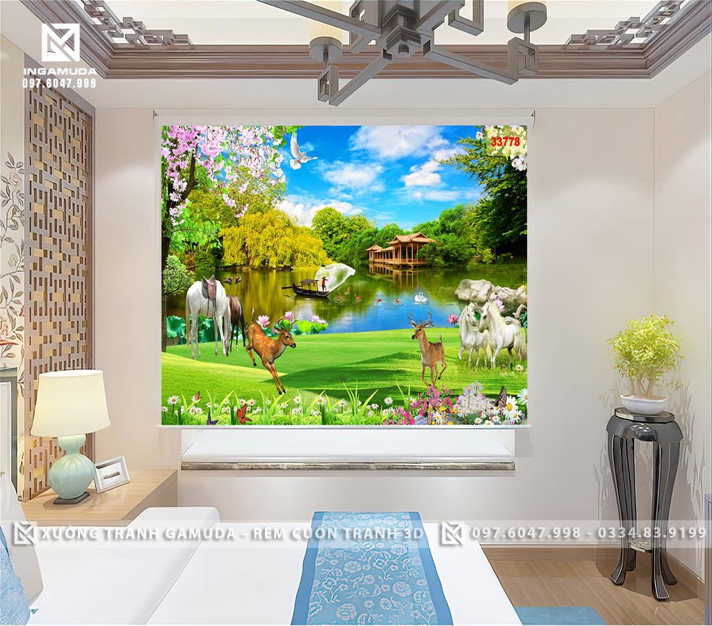 Rèm Cuốn Cửa Sổ In Hình Sơn Thủy Hữu Tình Mang Ý Nghĩa Mưa Thuận Gió Hòa - Xưởng In Rèm Gamuda Giá Tốt Nhất 
