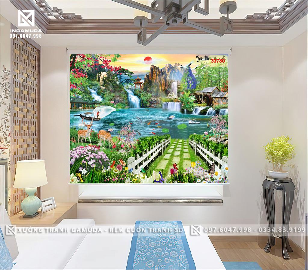 Rèm Cuốn Tranh 3D In Phong Cảnh Sơn Thủy Hữu Tình Đem Đến Cho Người Dùng Cảm Giác Thư Thái - Xưởng Rèm Cuốn Tranh 3D Gamuda Giá Tốt Nhất 