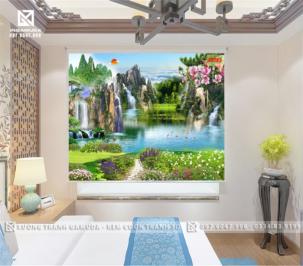 Rèm Cuốn Tranh In Hình Sơn Thủy Hữu Tình Với Những Ngọn Núi Đồ Sộ Cùng Dòng Sông Êm Đềm Kết Hợp Hài Hòa - Rèm Cản Sáng Cản Nhiệt Tốt 
