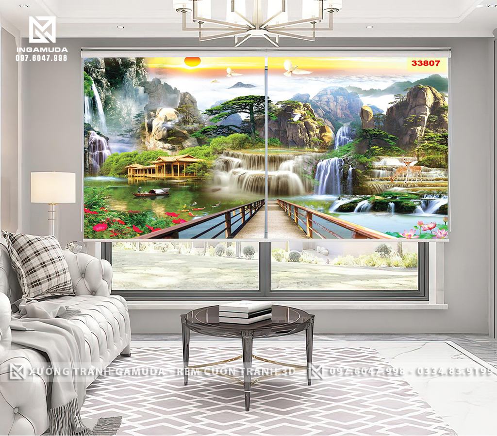 Rèm Cuốn Tranh In Hình Sơn Thủy Hữu Tình Núi Non Trùng Điệp Cùng Cảnh Quan Thiên Nhiên Hùng Vĩ - Rèm Cuốn In Tranh Giá Tốt Cho Đại Lý 