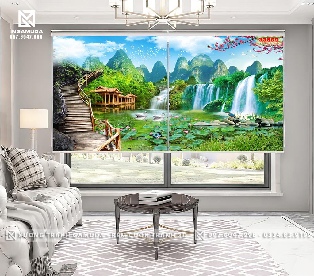 Rèm Cuốn Cửa Sổ In Hình Sơn Thủy Hữu Tình Cùng Khung Cảnh Hồ Sen Và Thiên Nga - Xưởng In Rèm Cuốn Gamuda