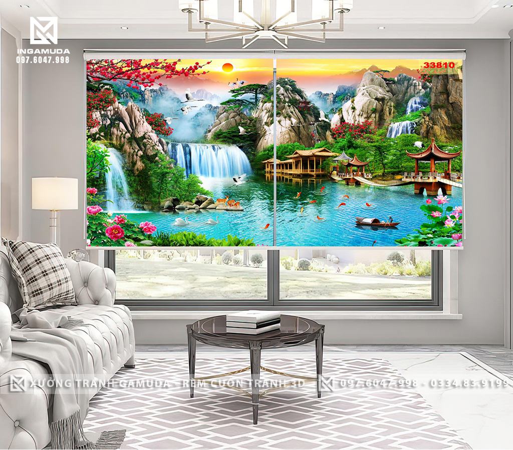 Rèm 3D In Phong Cảnh Sơn Thủy Hữu Tình Với Khung Cảnh Thiên Nhiên Hùng Vĩ Mang Nhiều Hình Ảnh Phong Thủy Tốt Đẹp - Rèm Cản Nhiệt Cản Nắng Tốt 