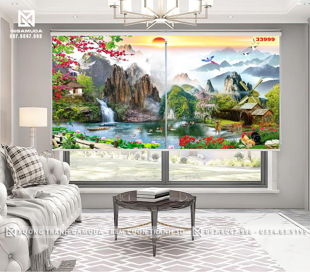 Rèm Cuốn Tranh In Hình Sơn Thủy Hữu Tình Với Khung Cảnh Thiên Nhiên Hùng Vĩ Từ Thuở Ban Sơ - Xưởng Rèm Cuốn In Tranh Giá Tốt 