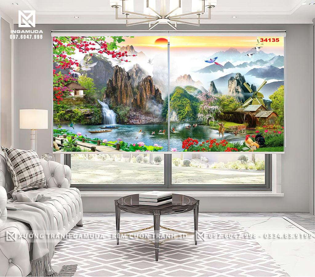 Rèm 3D In Phong Cảnh Sơn Thủy Hữu Tình Mang Đến Khung Cảnh Thiên Nhiên Đẹp Nên Thơ - Rèm Cuốn In Tranh Gamuda 