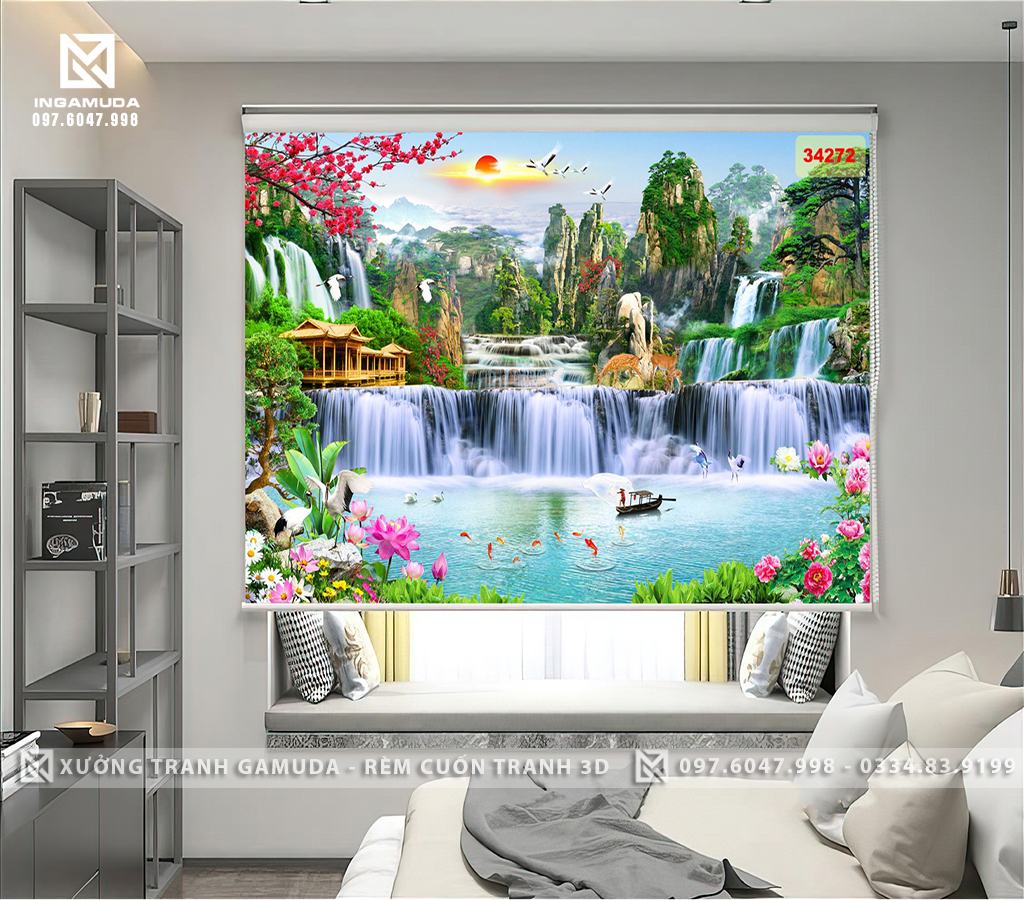 Rèm Tranh In Hình Sơn Thủy Hữu Tình Núi Non Trùng Điệp Cùng Cảnh Thiên Nhiên Hùng Vĩ - Rèm Cản Nắng Cản Nhiệt Tốt 