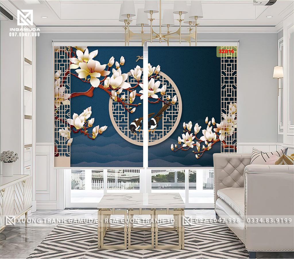 Rèm In Tranh 3D Họa Tiết Indochine Hoa Lan Trắng Tượng Trưng Cho Sự Tinh Khiết, Trong Sáng - Rèm Cản Sáng Cản Nhiệt